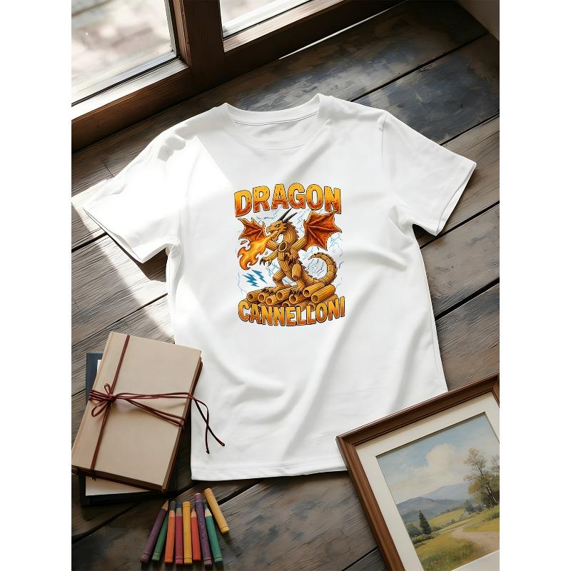 Kids Crewneck Short Sleeve T-Shirt, Fun Macaroni Dragon Italian Meme Print 110 белый