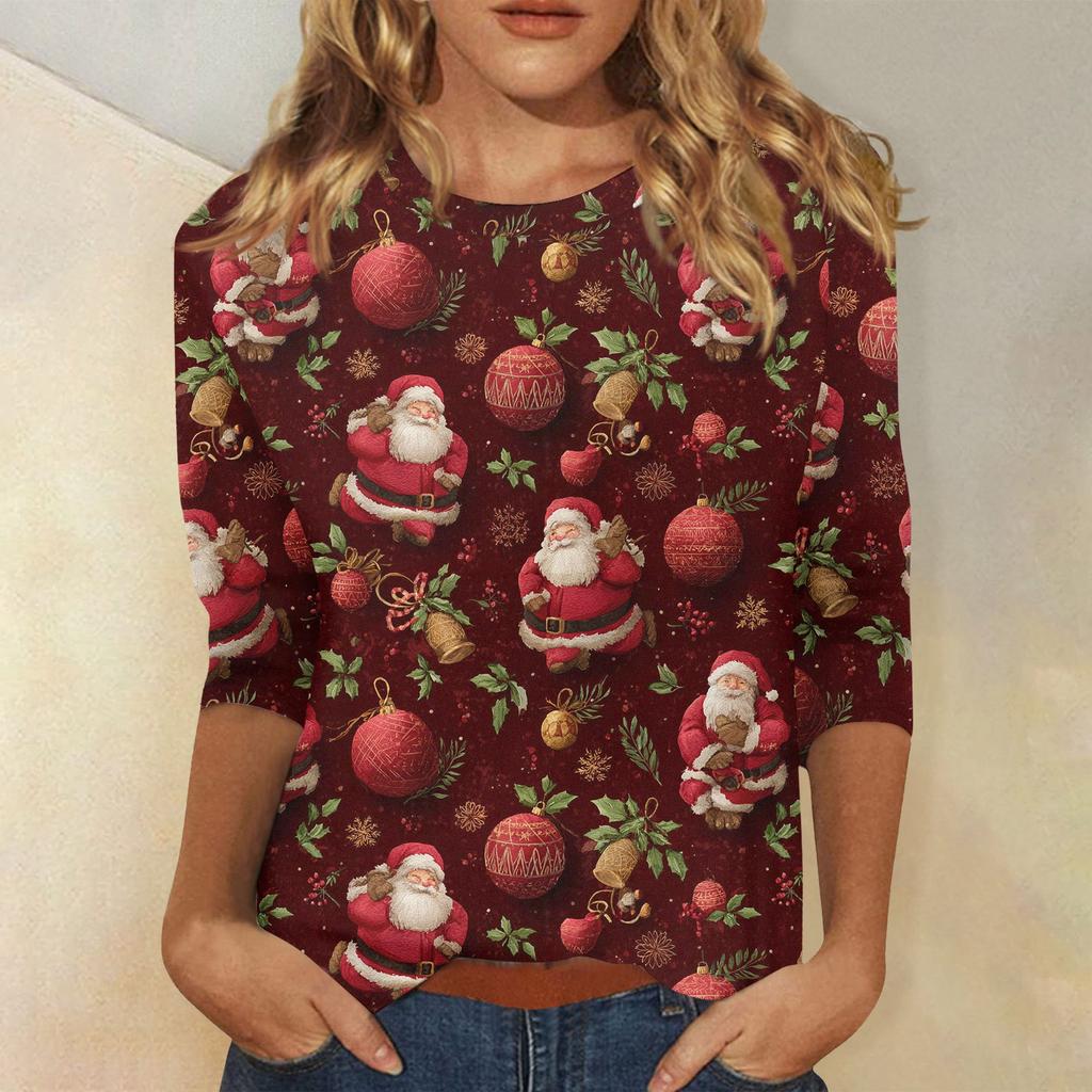 3/4 Sleeve Shirts For Women Print Christmas Tees Blouses Casual Plus Size Basic Tops Pullover