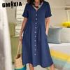 GMXIA Dame Sommer Casual Bomull V-hals Kort Erm Knappekjole