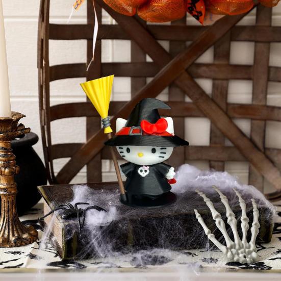 Halloween Witch Cat Figurine Cute 3D Printed Small Cat Witch Statue for Halloween Indoor Home Tabletop Shelf Decor