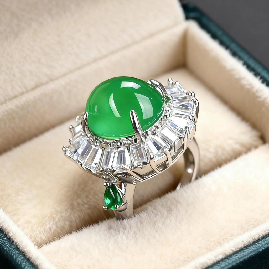 Meiji Green Chalcedony Luxury Jewelry Set: Necklace, Earrings, Ring, Bracelet