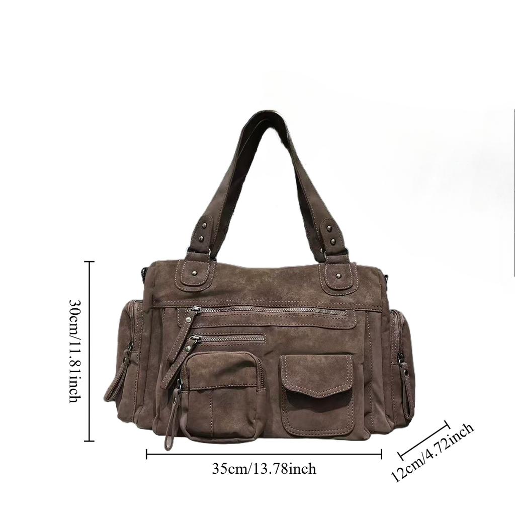 Ladies' Fashion Girl Punk Motorcycle Bag Large Capacity Multi Zipper Pocket Suede Single Shoulder Diagonal Cross Handbag