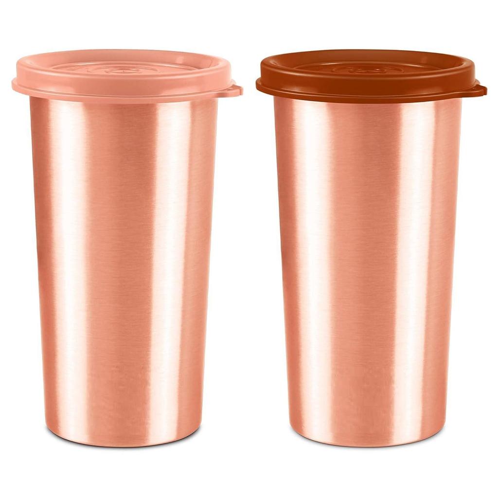 Copper Drinking Water Tumbler with Lid, Set of 2, 480 ml Each, Copper | 100% Leak Proof | Office | Gym | Yoga | Home | Kitchen | Hiking