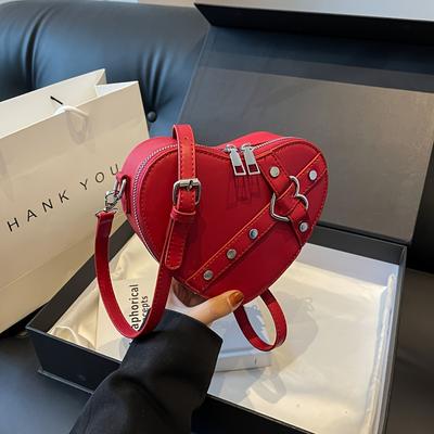 Niche Y2K Style Heart Shape Shoulder Bag, Solid Color Rivets Decor Crossbody Zipper Purse For Women