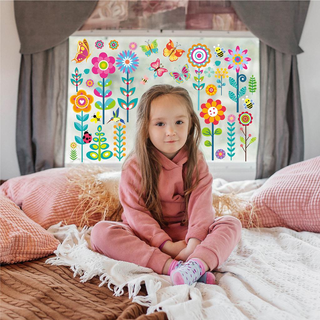 Flower Butterfly Window Stickers Plant Home Living Room Children's Kindergarten Glass Decoration Electrostatic Spring and Summer Window Stickers