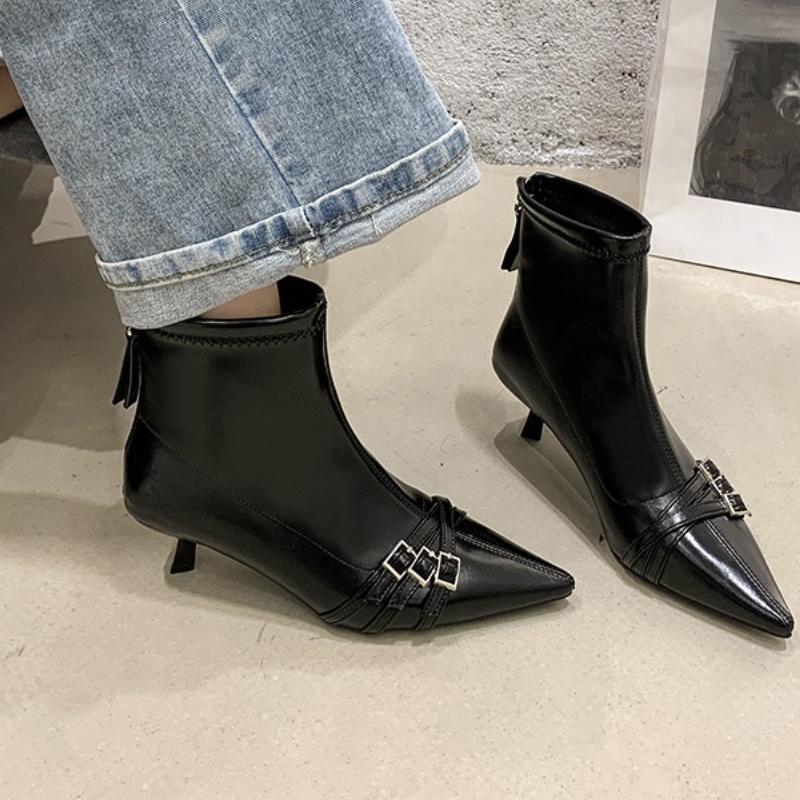 

Модные одиночные ботинки Осень Новые Острый носок Сшитые Металлическая пряжка ремня Задняя молния Противоскользящие Износостойкие Шпилька Короткие 35 чёрный