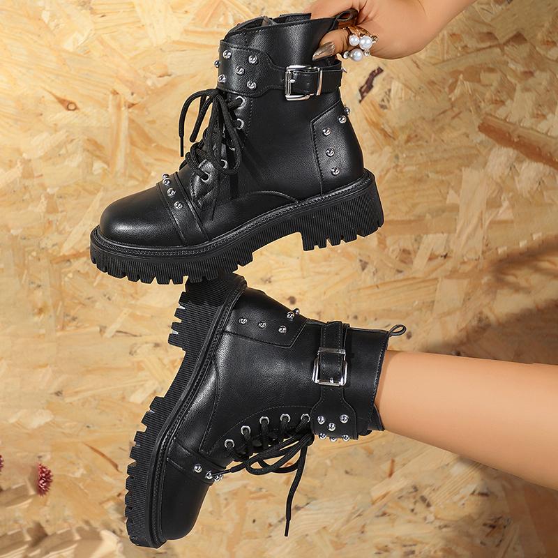 Fashion Punk Style Rivet Decor Black Combat Boots Women PU Leather Platform Ankle Boots Woman Fashion Buckle Strap Motorcycle Booties