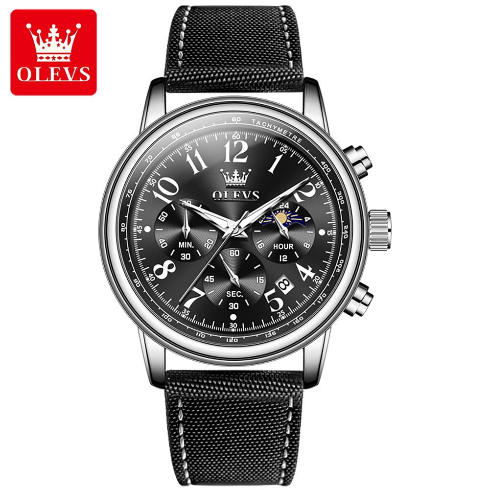 OLEVS 2912 Oem Custom Luxury Brand Fashion Moon Phase Genuine Leather Strap Multifunctional Chronograph Quartz Watch for Man