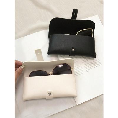 1pc New Fashion Leather Glasses Case With Soft Loop Cover, Black & White Solid Color Buckle Eyeglasses Holder, Daily Convenient For Carrying