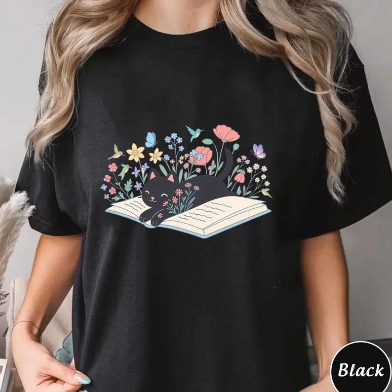 Funny Black Cat On Book With Wildflowers T Shirt Unisex