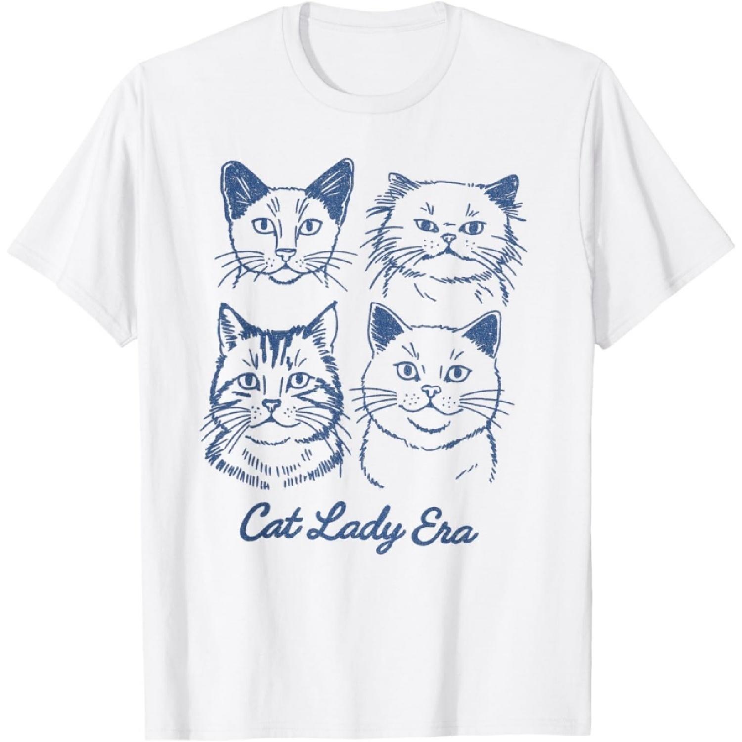 Cat Lady Era – Vintage Line Art Cat Graphic T-Shirt S белый