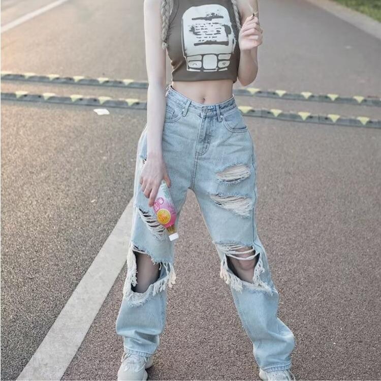 

Women s Summer Loose-Fit Distressed Wide-Leg Denim Pants S: 155-165CM height (34-41kg)