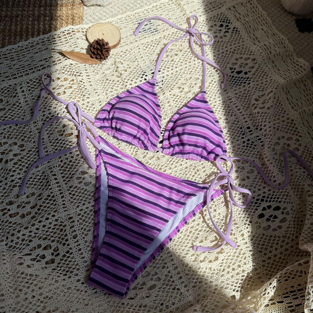 European and American New Striped Towel Cloth Small Fresh and Sexy Split Swimsuit Bikini