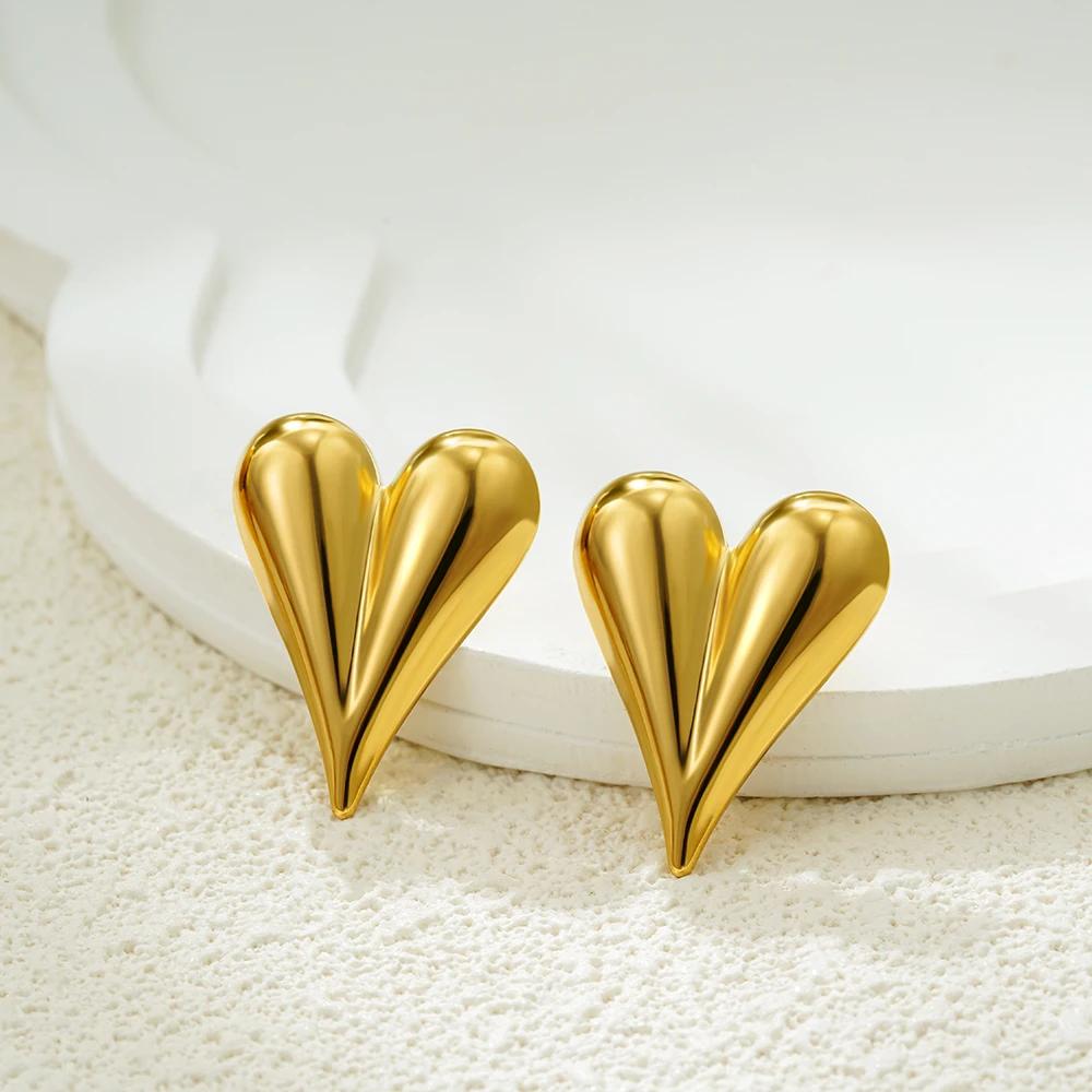 Trendy Fashion 18K Gold Plated Slender Heart Shape Stud Earrings for Women Punk Stainless Steel Zircon Party Gifts