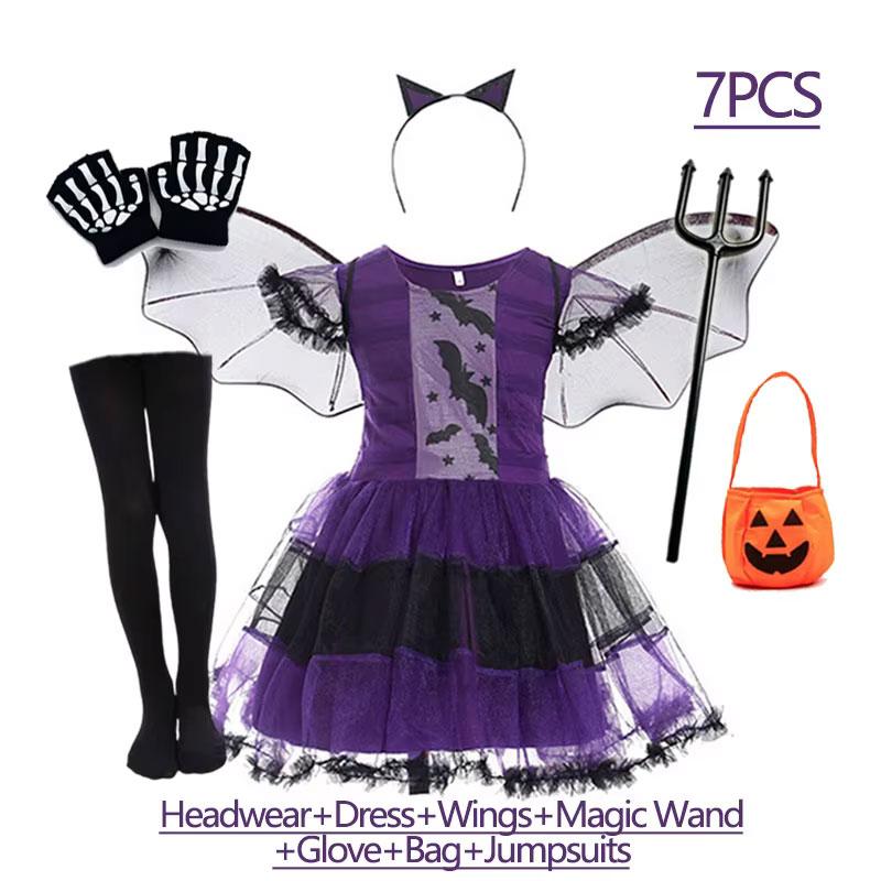Dívčí fialové šaty s netopýrem Dětský extravagantní cosplay kostým upíra démona s křídly a pokrývkou hlavy Halloweenské karnevalové oblečení pro čarodějku