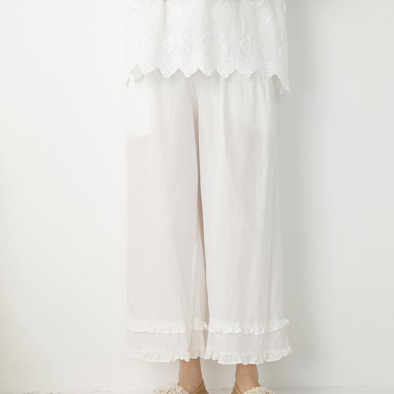 

2026 Japanese Mori Style Pure Cotton Ruffle Wide-Leg Nine-Point Casual Pants One Size белый