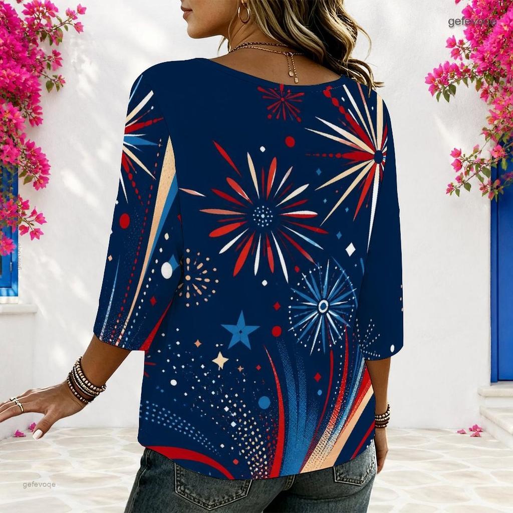 Women Plus Size Round Neck Half Sleeve Loose Fit Printed Blouse Red Blue White Star Print