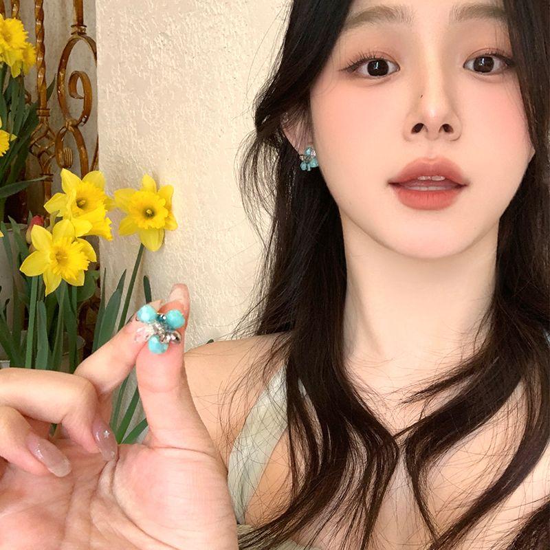 

Spring Summer Fresh Mint Green Crystal Flower Stud Earrings Women Holiday Style Niche Unique Earrings Beautiful Earrings Mint Green ~ Flower Tremella Pair
