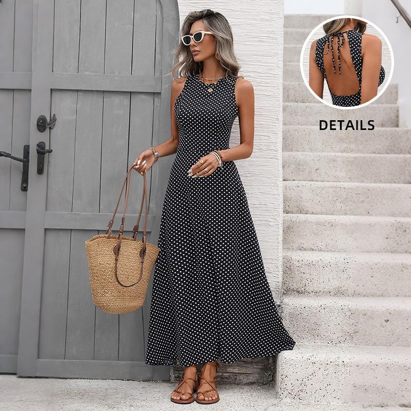 Women's Fashion Summer Spring Polka Dot Print Sleeveless O-Neck High Waist Casual Dresses