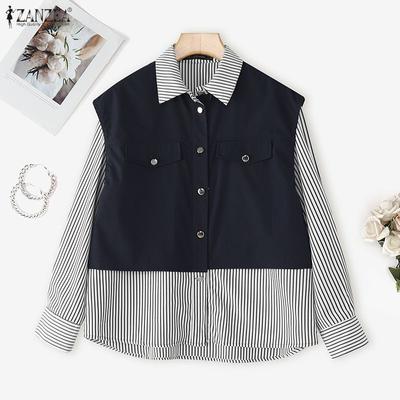Women Casual Long Sleeve Stripe Print Patchwork Blouse