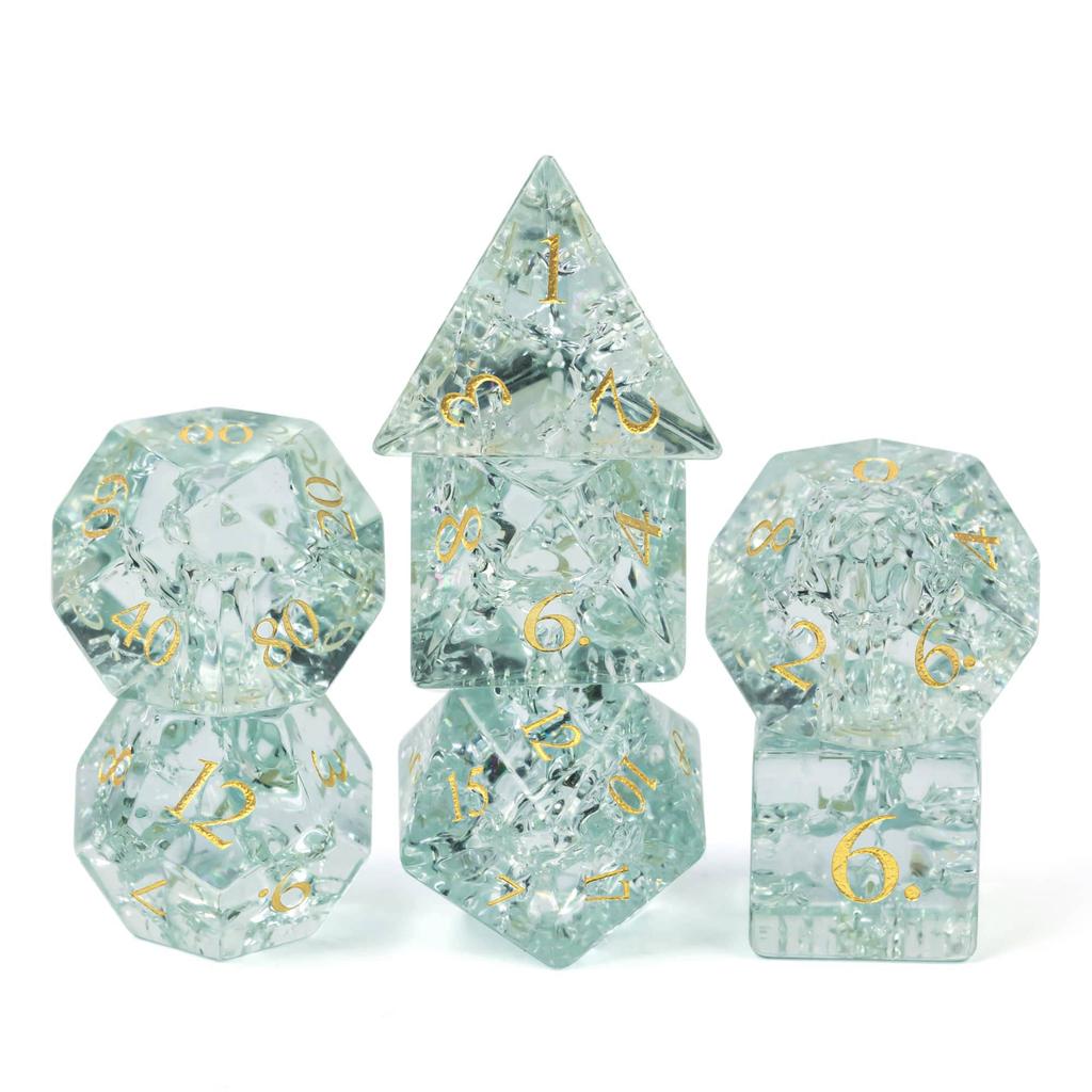 Cusdie Glass DND Dice Set 7-Die Handmade Shattered Glass D4-D20 Polyhedral Dice with Leather Box for Tabletop RPG Collection