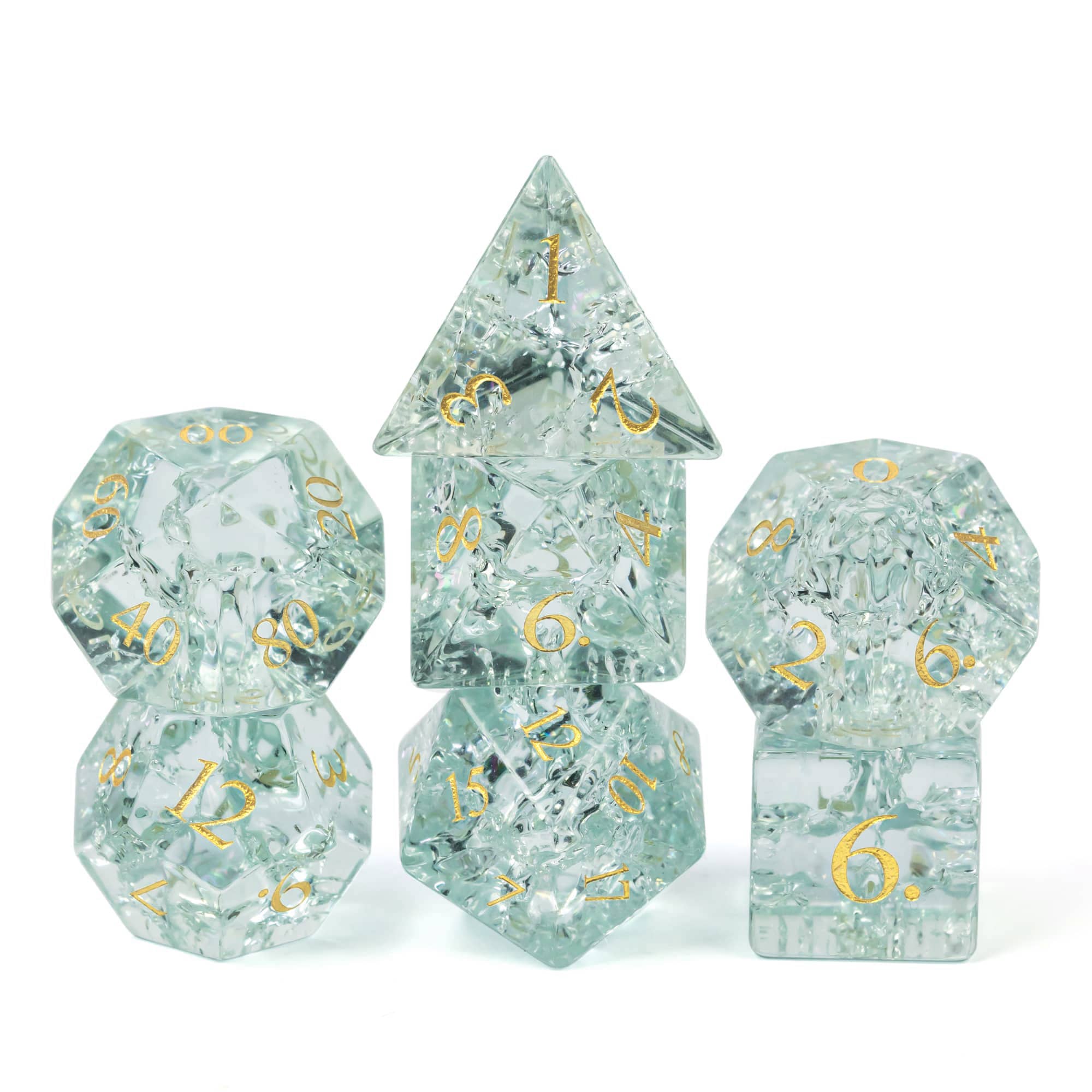 Cusdie Glazen DND Dobbelstenen Set 7 Dobbelstenen Handgemaakt Gebroken Glas D4-D20 Polyhedrische Dobbelstenen met Lederen Doosje voor Tafelblad RPG Collectie