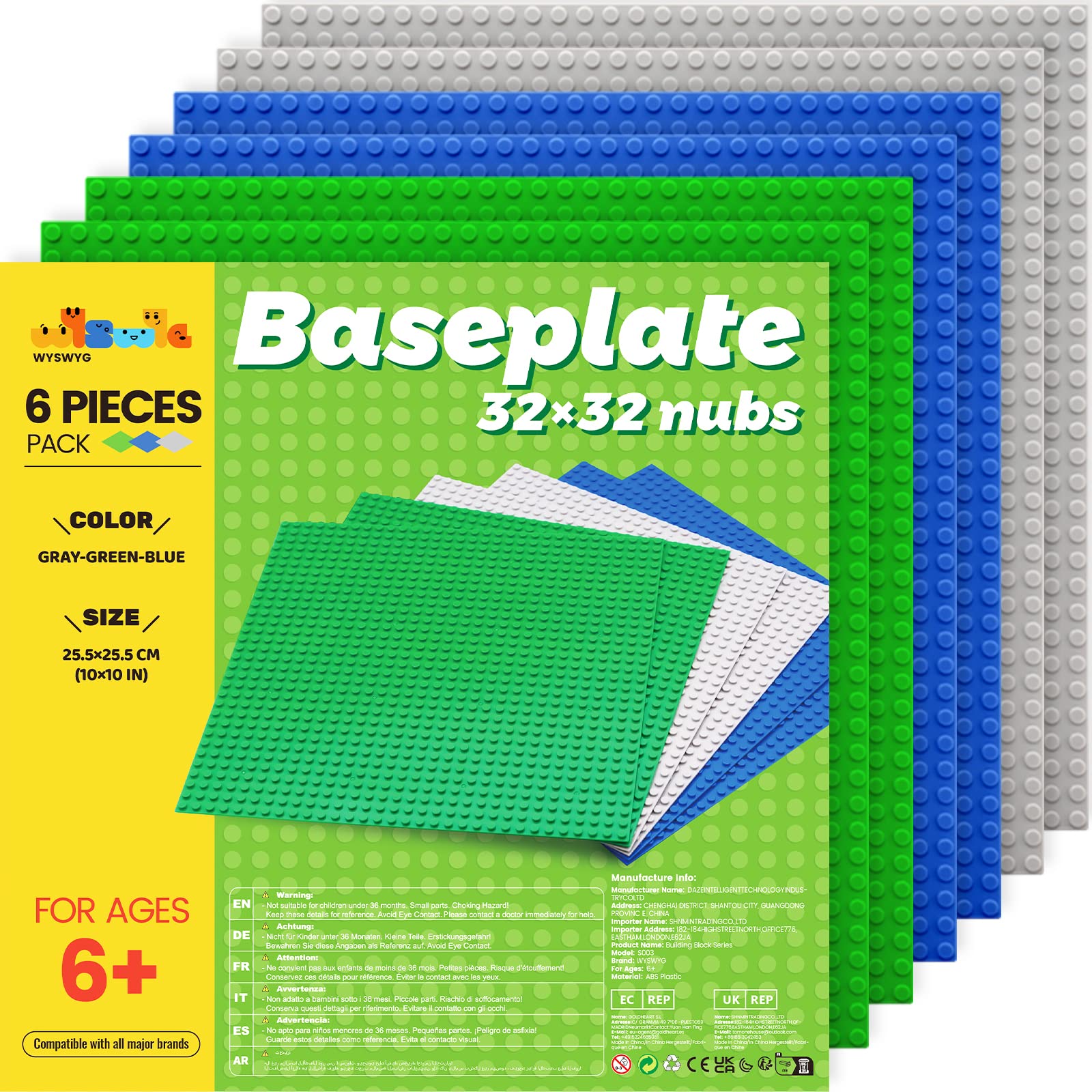 

WYSWYG Block Base Base Building Block Plates Compatible with Building Block 3 Set of 6 Plates, - Toys, Colors,