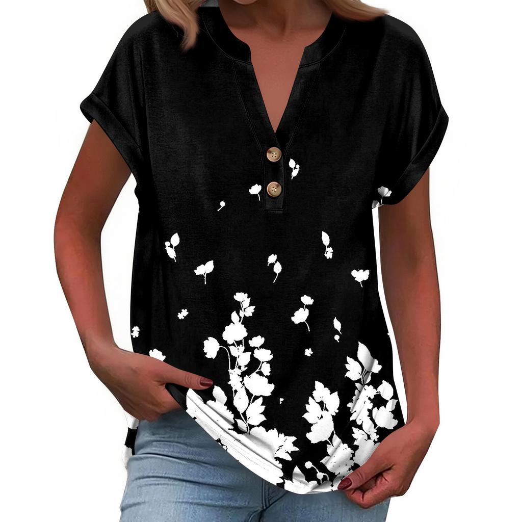 Women's Fashionable Casual Loose-Fit Short-Sleeved Button-Up V-Neck Printed T-Shirt Top