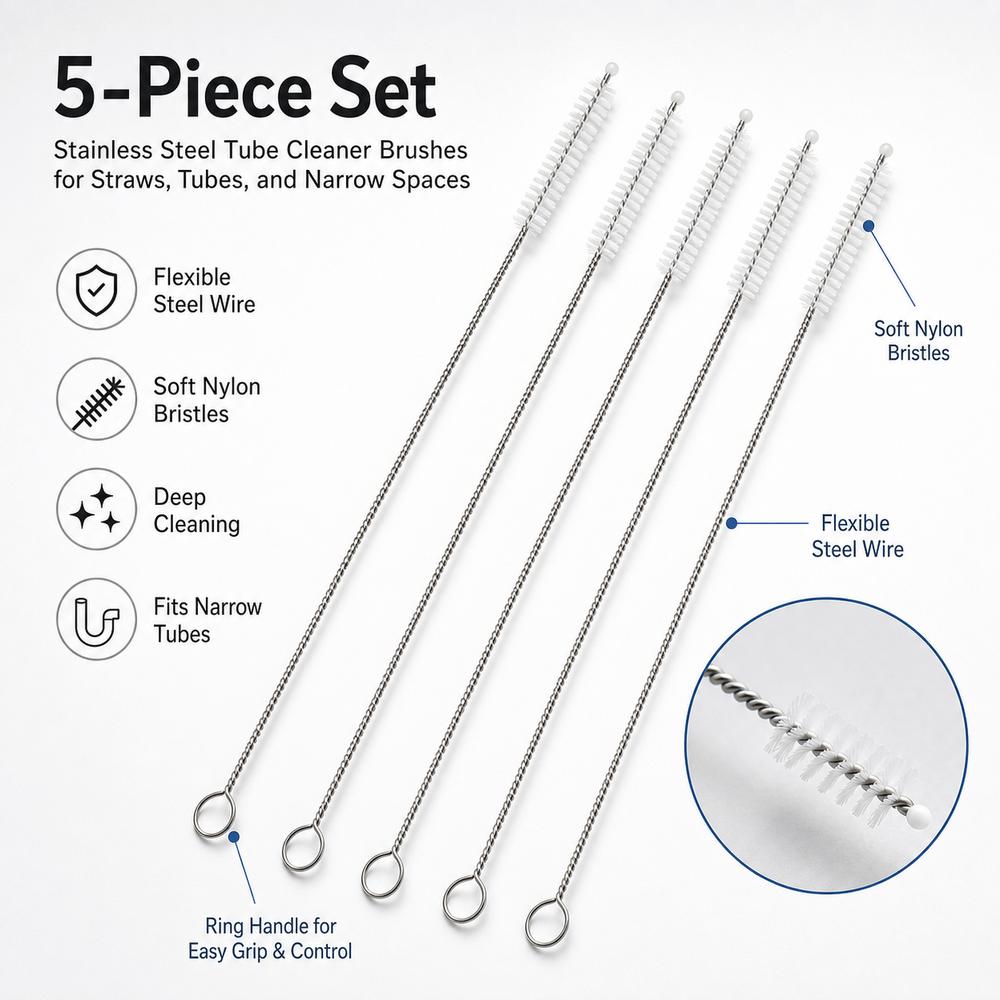 5pcs Soft Hair Straw Bottle Cleaning Brushes Stainless Steel Handle Bottle Cleaning Brush Kitchen