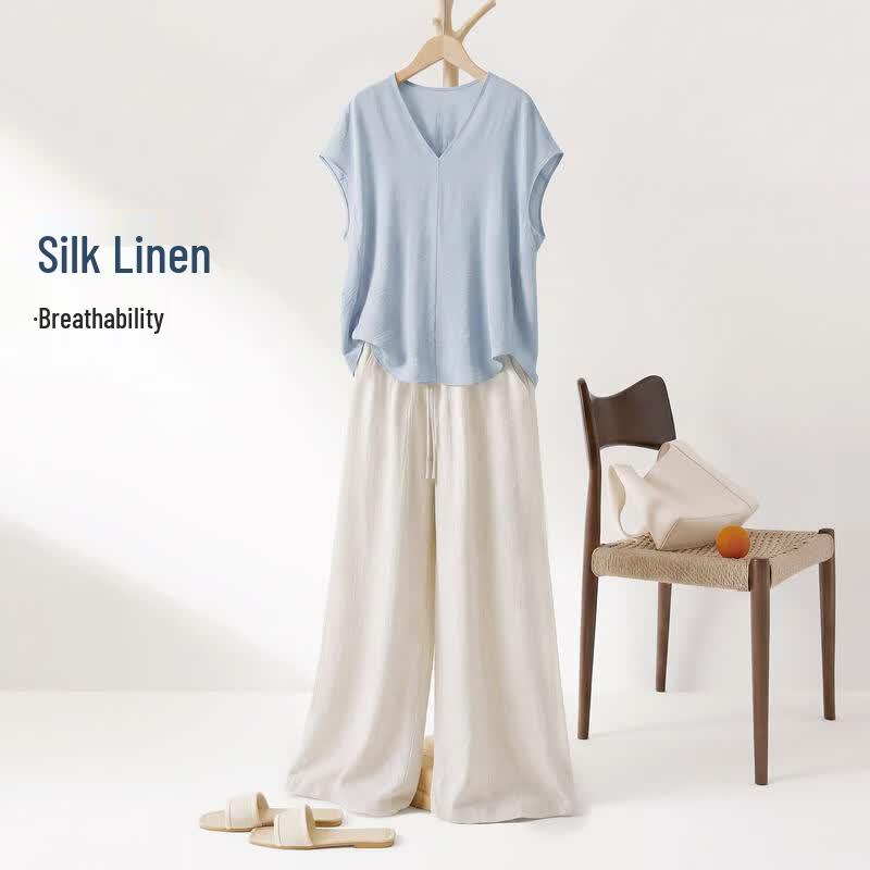 IHIMI Women s Silk Blend Top and Linen Wide-Leg Pants Set S