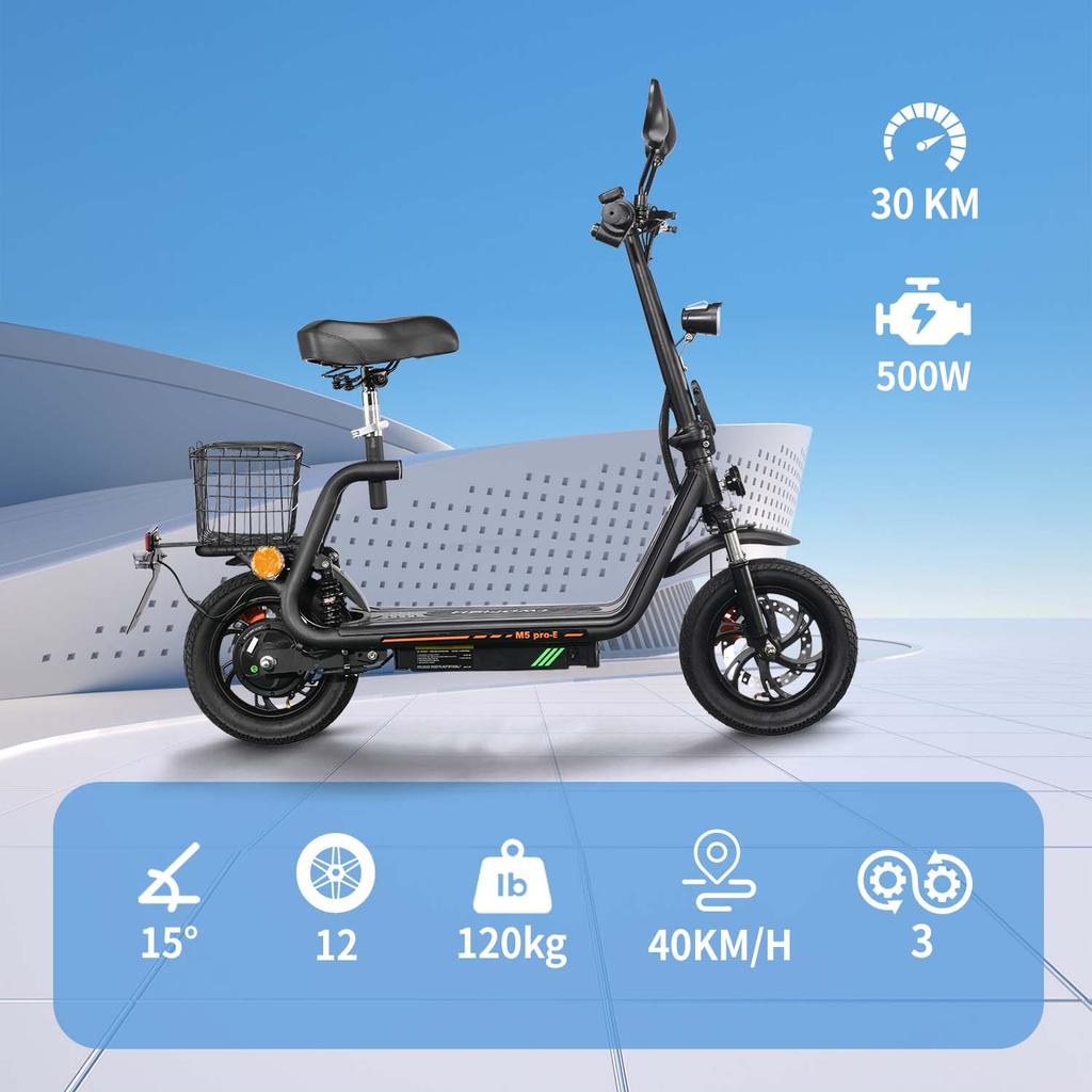 Electric Scooter with Seat TWOFISH M5 PRO-E 12" Tires 500W Motor 48V13Ah Battery 40km/h Max Speed 30km Max Range EEC Certified