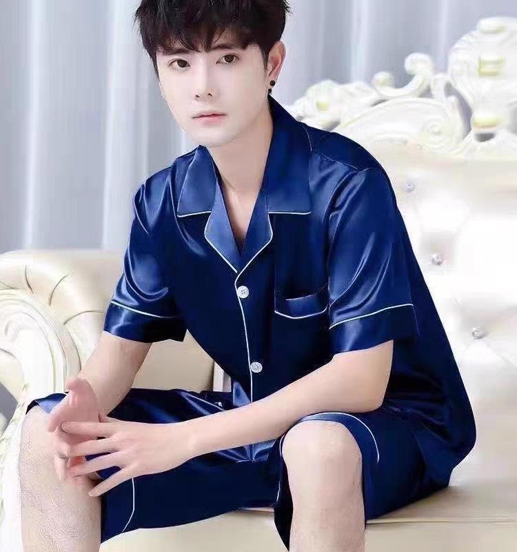 Ice Silk Pajamas Men's Summer Thin Cardigan Short-sleeved Shorts Youth Home Service Suit Simulation Silk