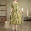 Real Shot Summer New Cotton and Linen Literary and Retro Printing Ethnic Style Waist Thin Short-sleeved Dress Women