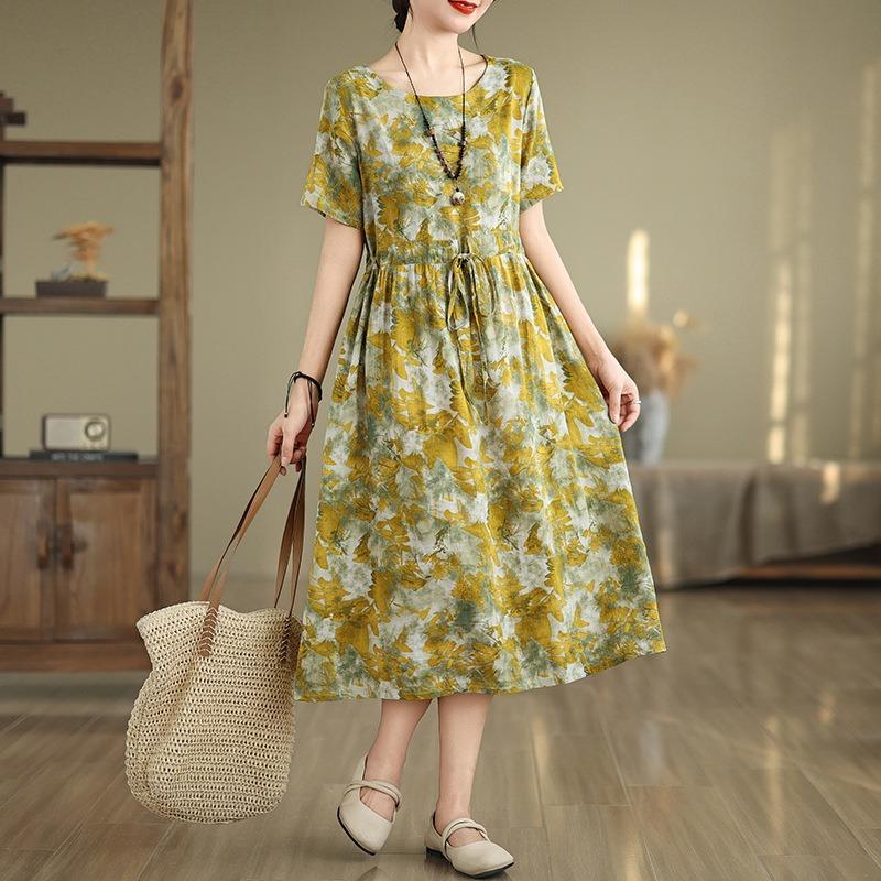 Real Shot Summer New Cotton and Linen Literary and Retro Printing Ethnic Style Waist Thin Short-sleeved Dress Women