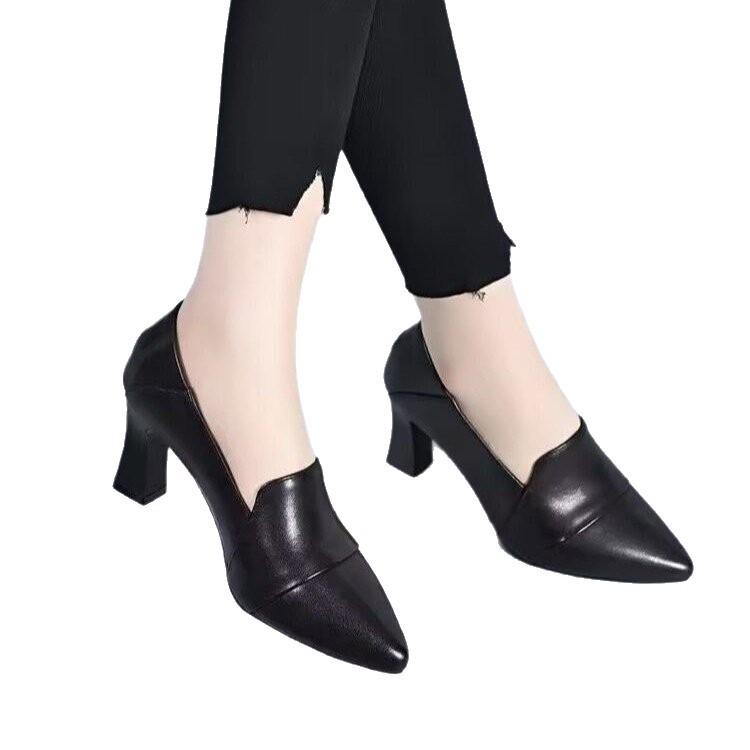 New Women's Pointed-toe Thick-heeled Versatile Basic Open-toe Leather Shoes, Single Shoes
