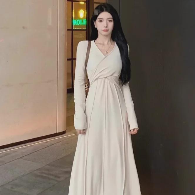 Rochie tricotată franceză cu decolteu în V pentru femei, mărime mare - fustă lungă de toamnă, talie subțire