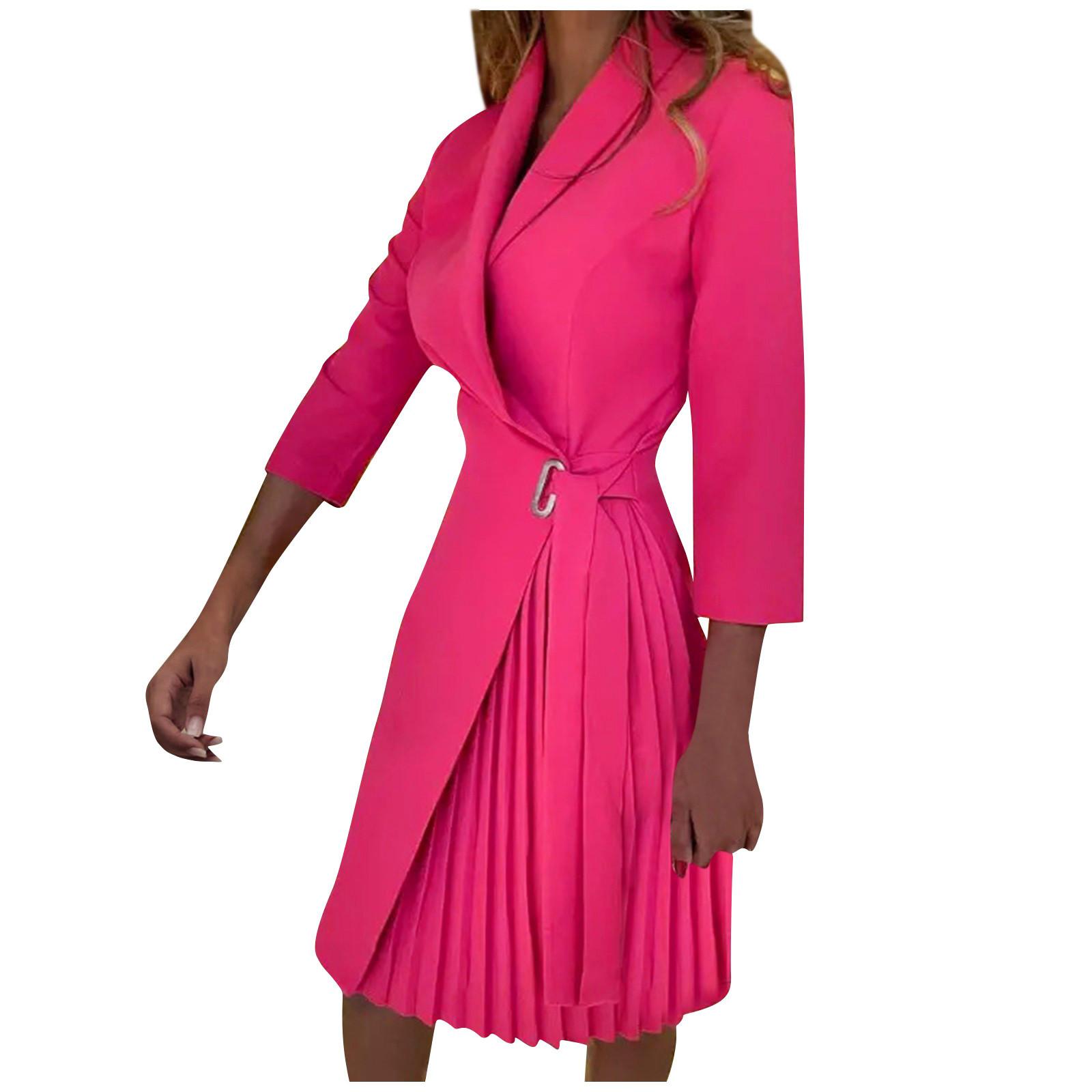 European And American V-neck Fashion Tie Waist Waist - Dress Women s V Neck Tie Waist 3/4 Sleeves Pleated Color & Print Dress M