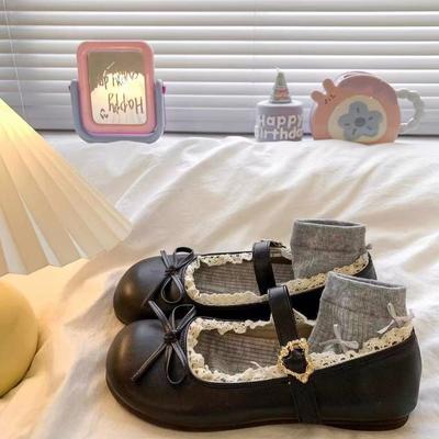 Neue, runde, flache Mary-Jane-Schuhe mit Retro-Schleife für Damen, Modell für den Frühling, aus Leder, mit weicher Sohle, schwarz.