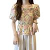 Princess short Spice girl square collar tea break floral new flared sleeve thin casual French casual short-sleeved top