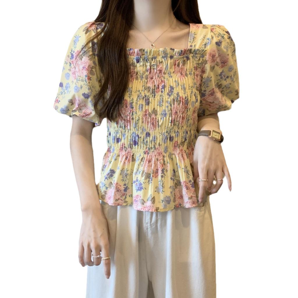 Princess short Spice girl square collar tea break floral new flared sleeve thin casual French casual short-sleeved top