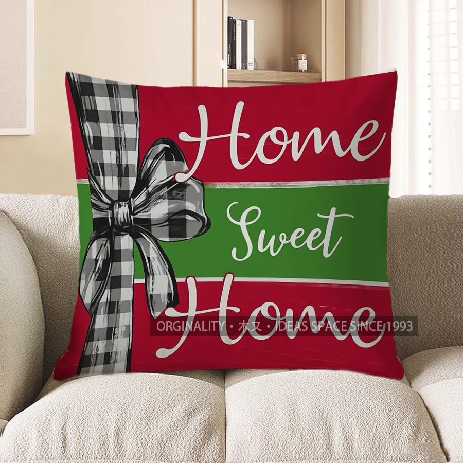 Home Decor Christmas Wreath Bow Decorative Pillow Cover Pattern Cushion Cover Suitable For Sofa Bedroom Car Pillow Cover