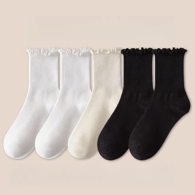 5 Paare /Los Socken für Damen Rüschen Mittelrohr Knöchel Kurz Atmungsaktiv Schwarz Weiß Set Frühling Herbst