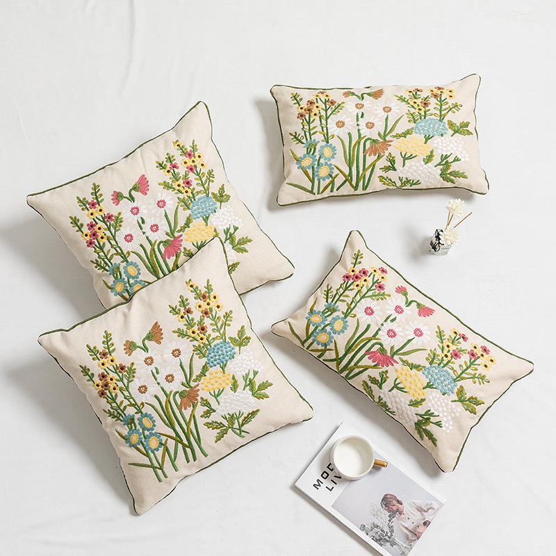 Square Plant Flower Embroidery Pillowcase Cotton Soft Natural Pastoral Style Cushion Cover for Living Room Sofa