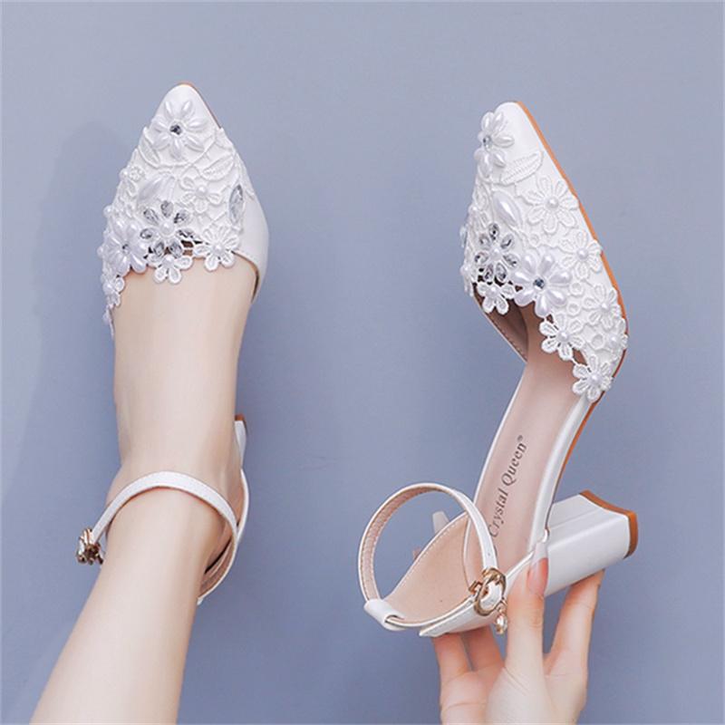 Pretty Lace Women's Thick Heel Pumps Trend Pearls Buckle High Heels Ladies Wedding Dress Shoes Women Party Sandals Size 34-43