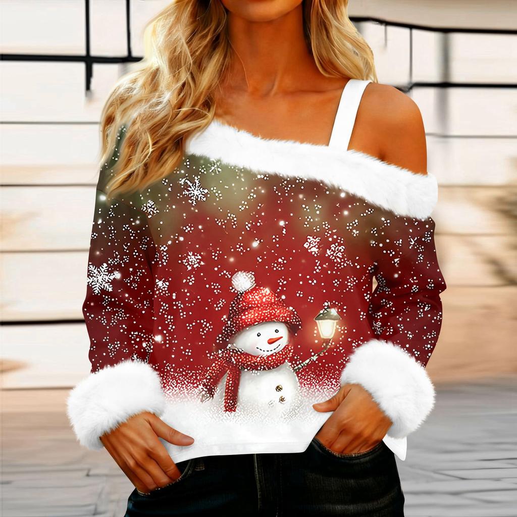 Women's Off-the-shoulder Plush Neck Printed Long-sleeved Pullover T-shirt Top