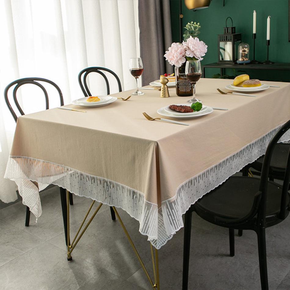 Solid Color Lace Edge Table Cover,French Retro Style Cotton Tablecloth,for Kitchen Dining Room Party Holiday Tabletop Decoration
