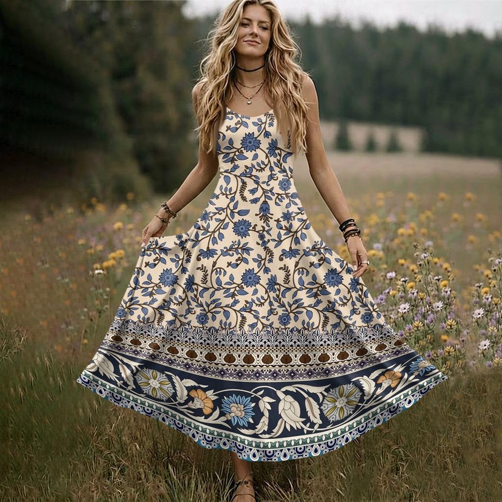 Women's Sleeveless V Neck Maxi Dress Summer Long Dress Casual Loose Fit Floral Print Bohemian Style Slip Dress