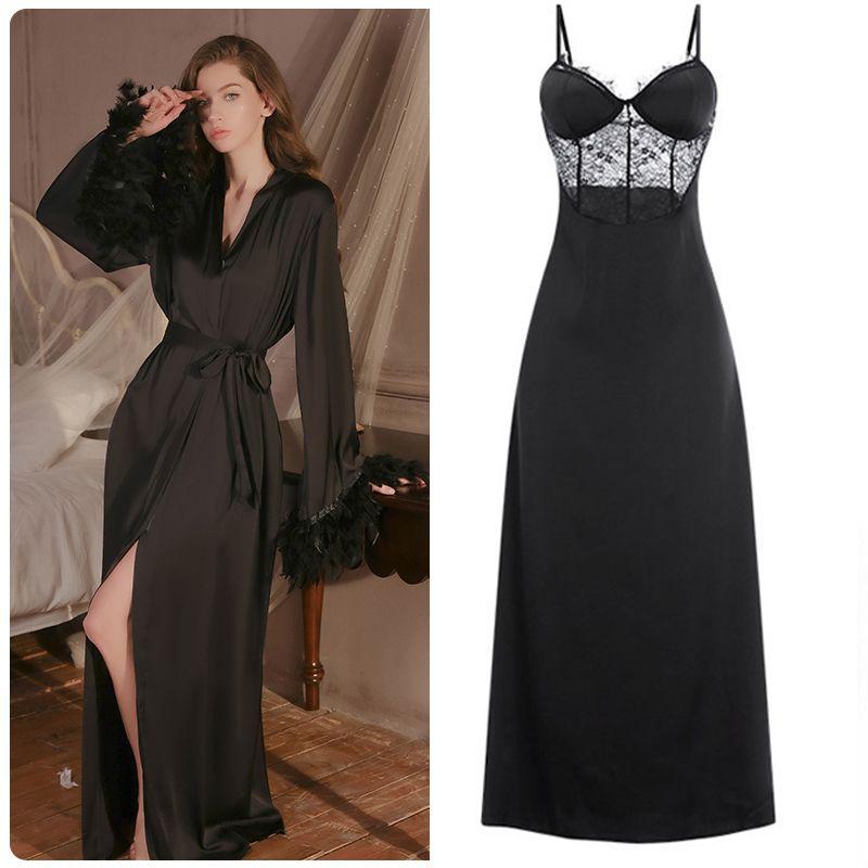 Good Morning with You: Small Size Sexy Suspenders Pajamas with Chest Pad Lace Ice Silk Nightdress Long Dress to Ankle Super Long