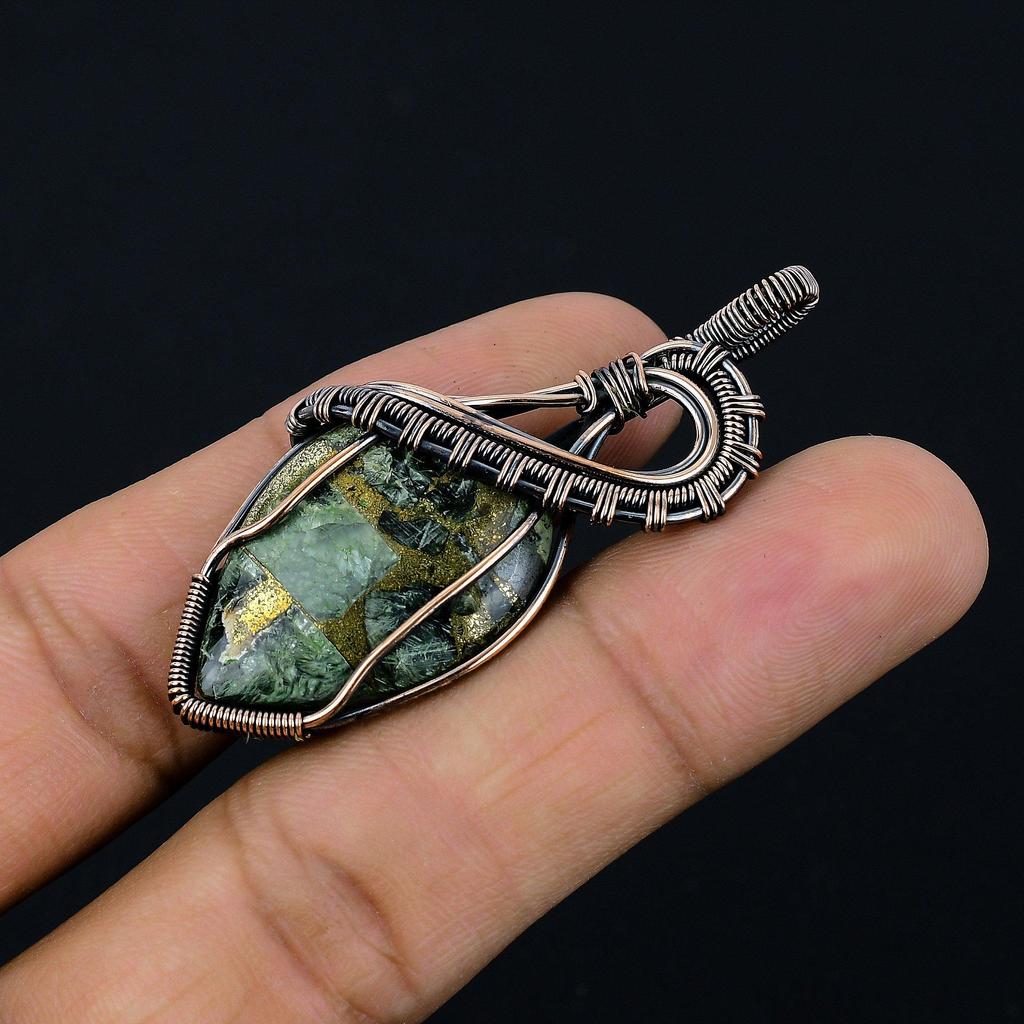 Copper Seraphinite Pendant, 999 Copper Wire Wrapped Gemstone Jewelry, Handmade Pendant, For Thanksgiving