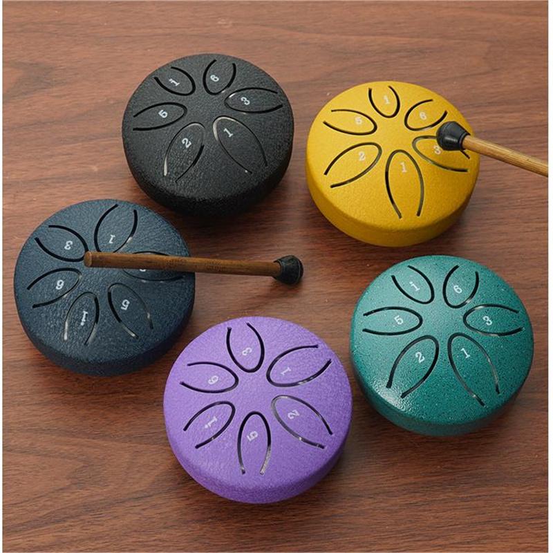 3 Inches 6 Tones Steel Tongue Drum Outdoors Rain Drum Instrument Mini Hand Drum Ethereal Drum Sticks Percussion Drum Accessories